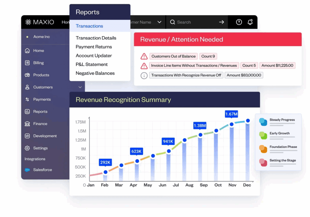 A mockup of Maxio’s revenue recognition features