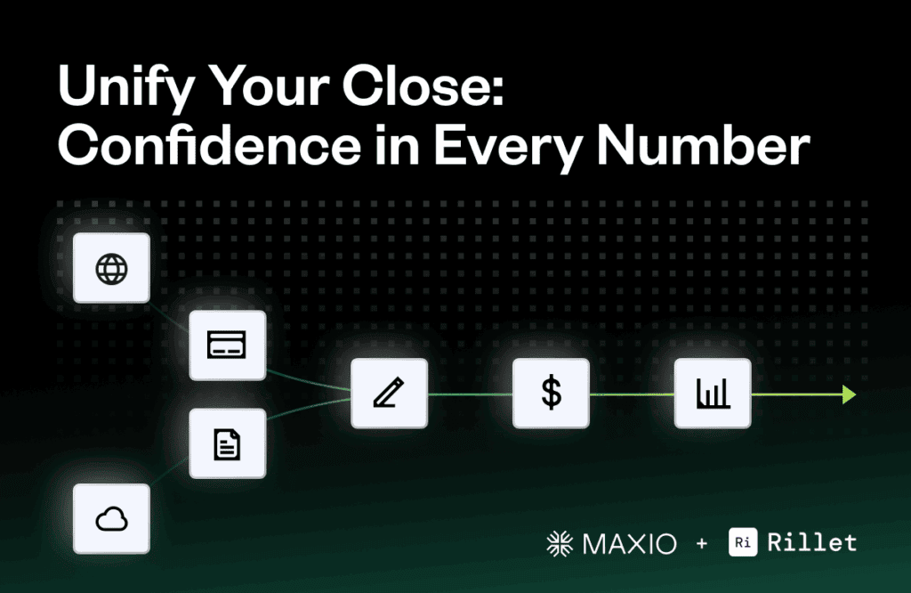 Visual of data flow connecting finance tools with Maxio and Rillet logos.