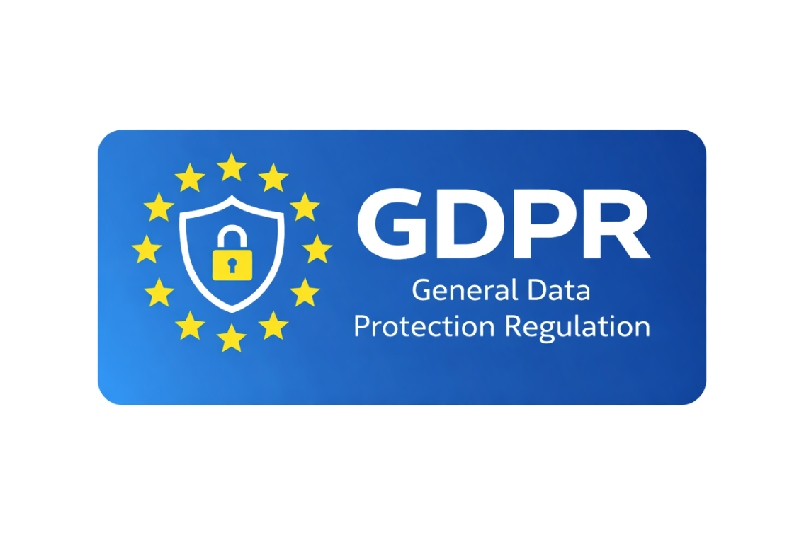 The blue logo of a yellow lock with stars surrounding it labelled GDPR, general data protection regulation