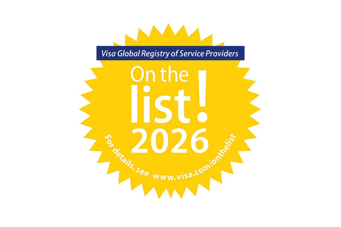 A yellow logo showing that maxio is "on the list! 2026", at the top, there's a blue banner that says Visa Global Registry of Service Providers, while the subheader says "For details, see https://www.visa.com/onthelist"