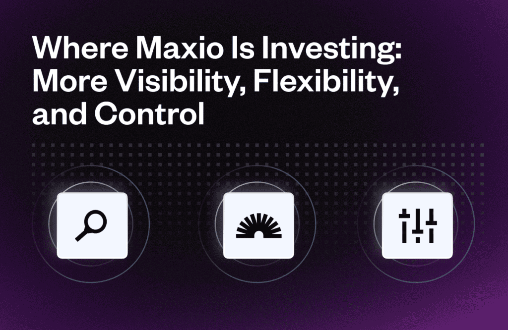 Maxio logo with icons representing visibility, flexibility, and control in revenue management.
