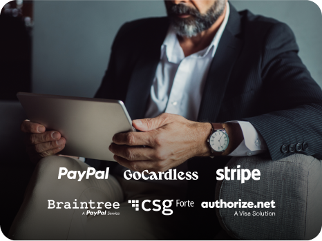 Person sitting in a chair looking at a tablet with logos over the top, including PayPal, Stripe, etc.