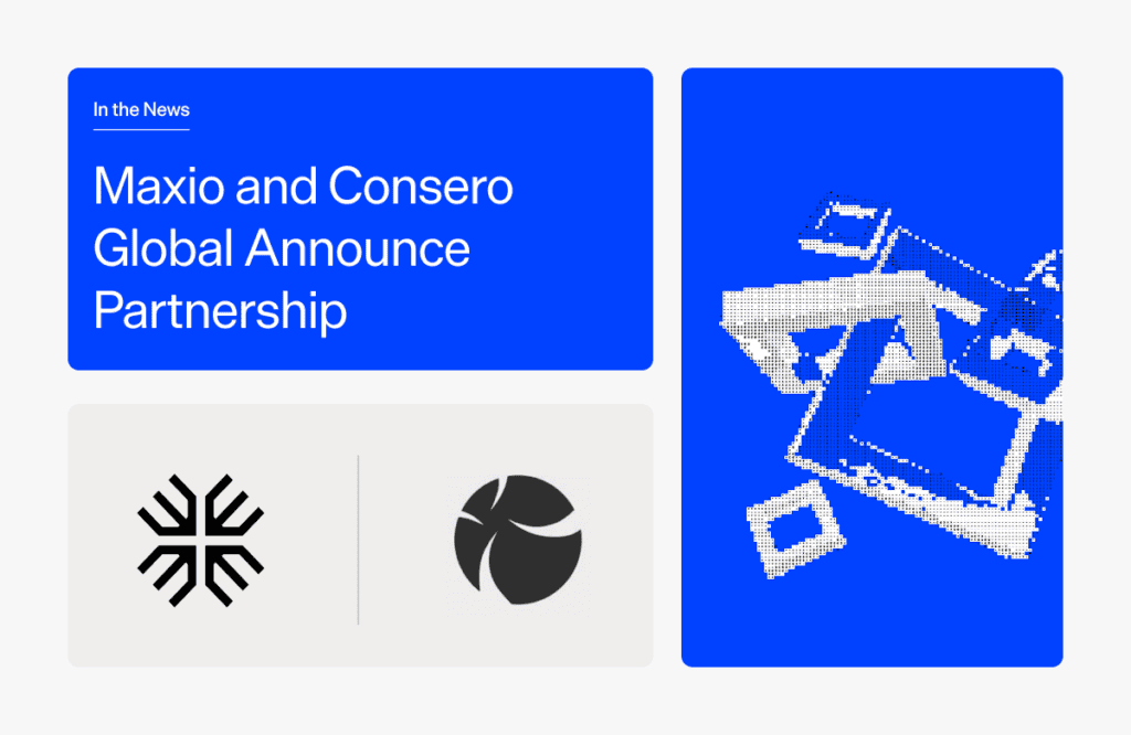Maxio and Consero partnership announcement graphic with logos and digital icons.