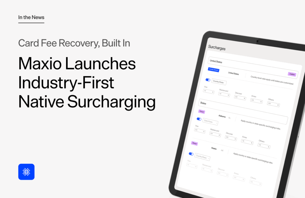 Maxio's native surcharging feature for B2B SaaS and AI companies on a tablet screen.