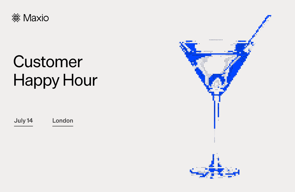 Customer Happy Hour event with a cocktail glass illustration in blue and white.