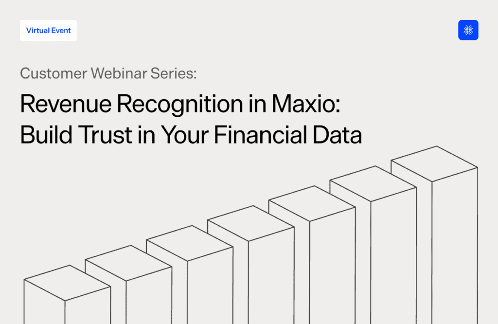 Maxio revenue recognition webinar banner with financial data visualization and trust-building theme.