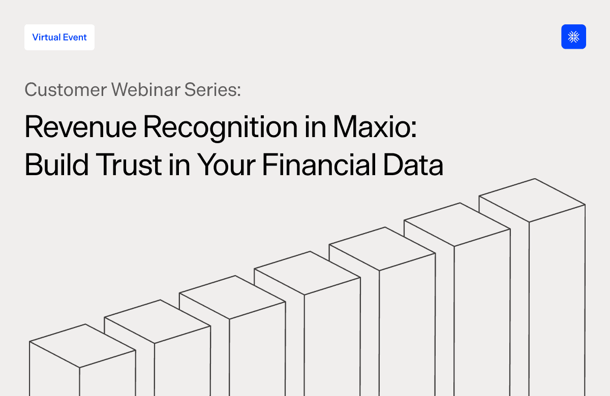 Maxio revenue recognition webinar banner with financial data visualization and trust-building theme.
