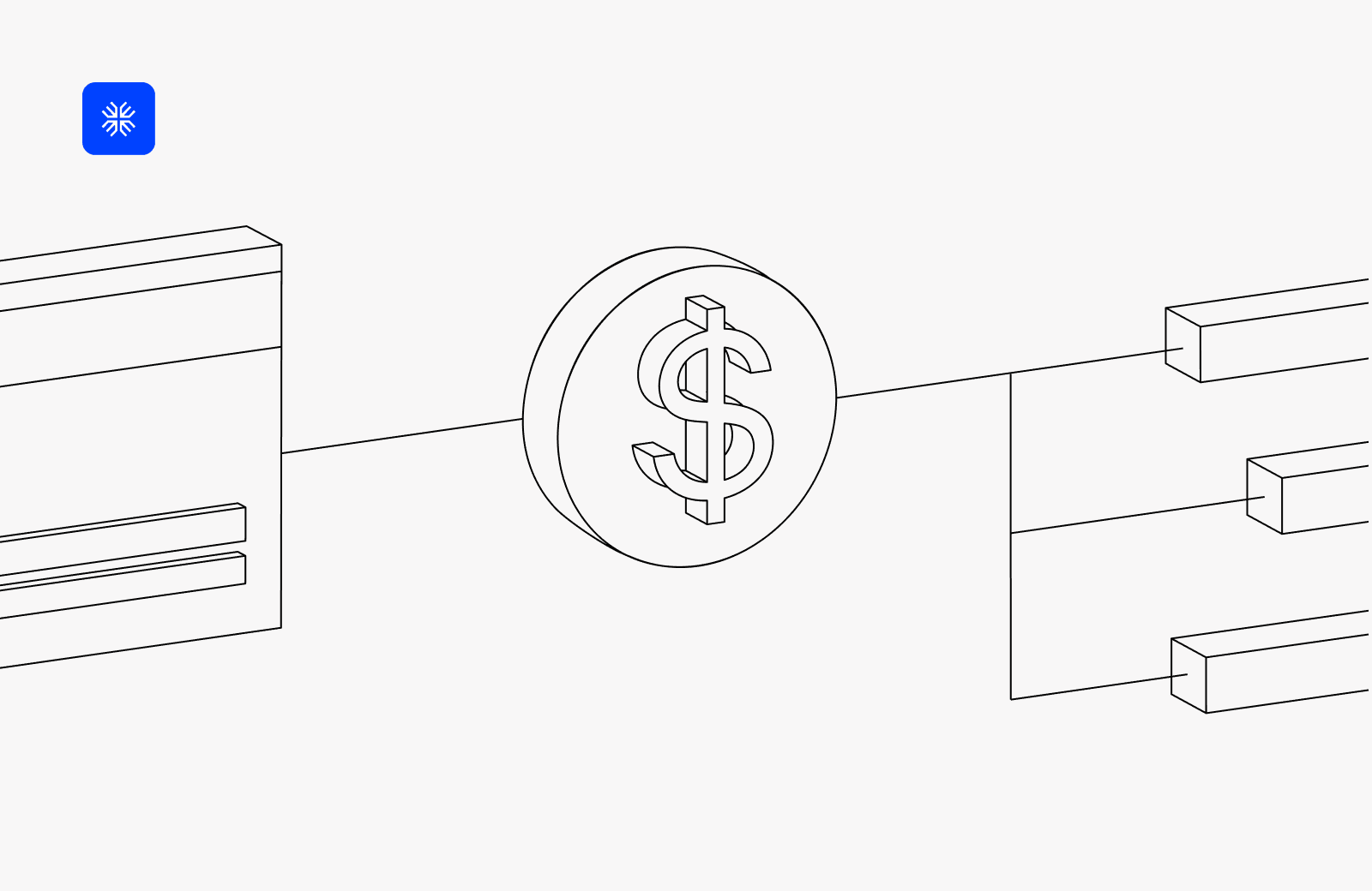 Financial data flow diagram with dollar sign and interconnected blocks.