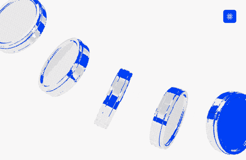 Digital illustration of floating blue and white coins representing financial technology.