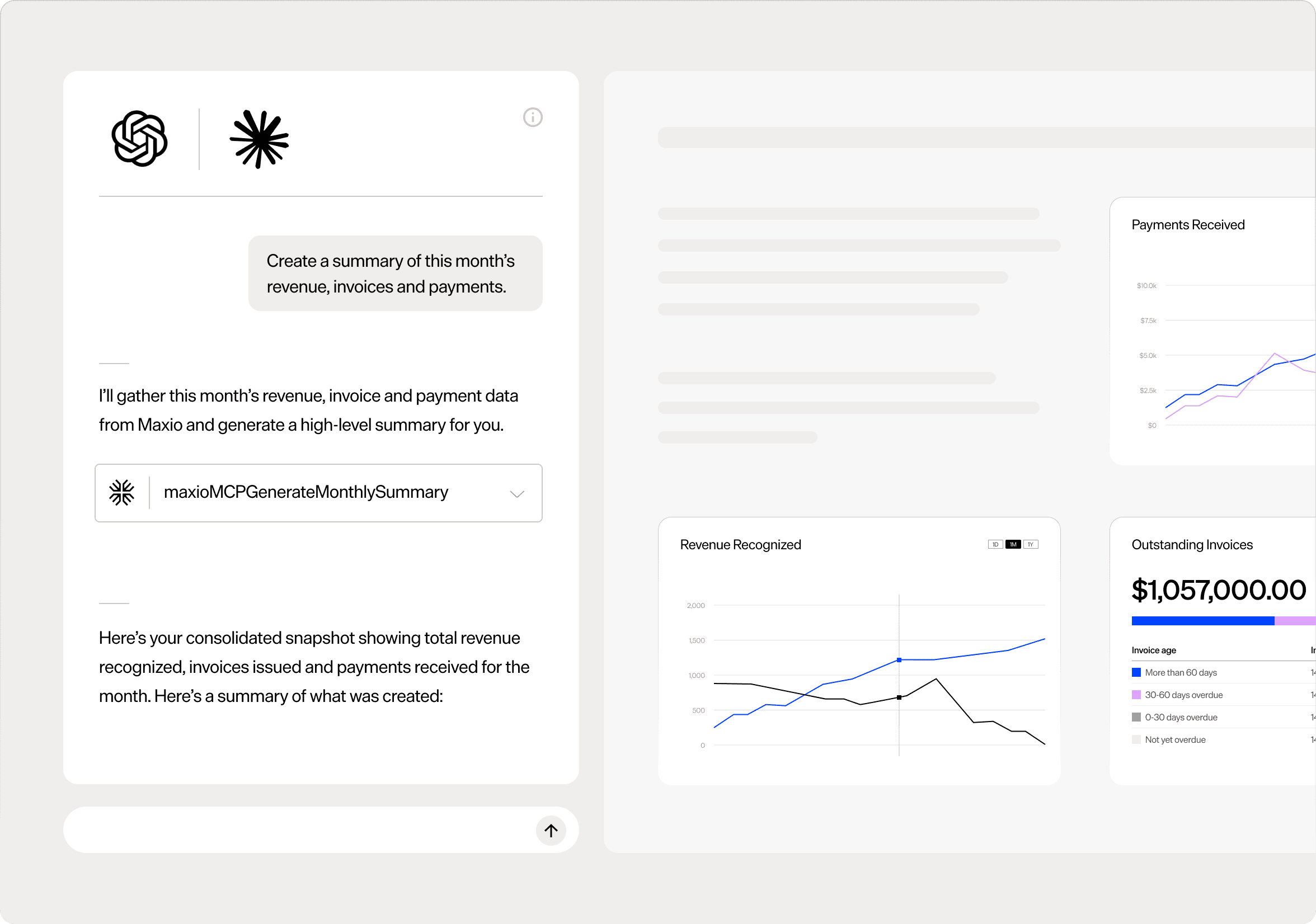 Maxio dashboard showing revenue, invoices, and payment data analysis.