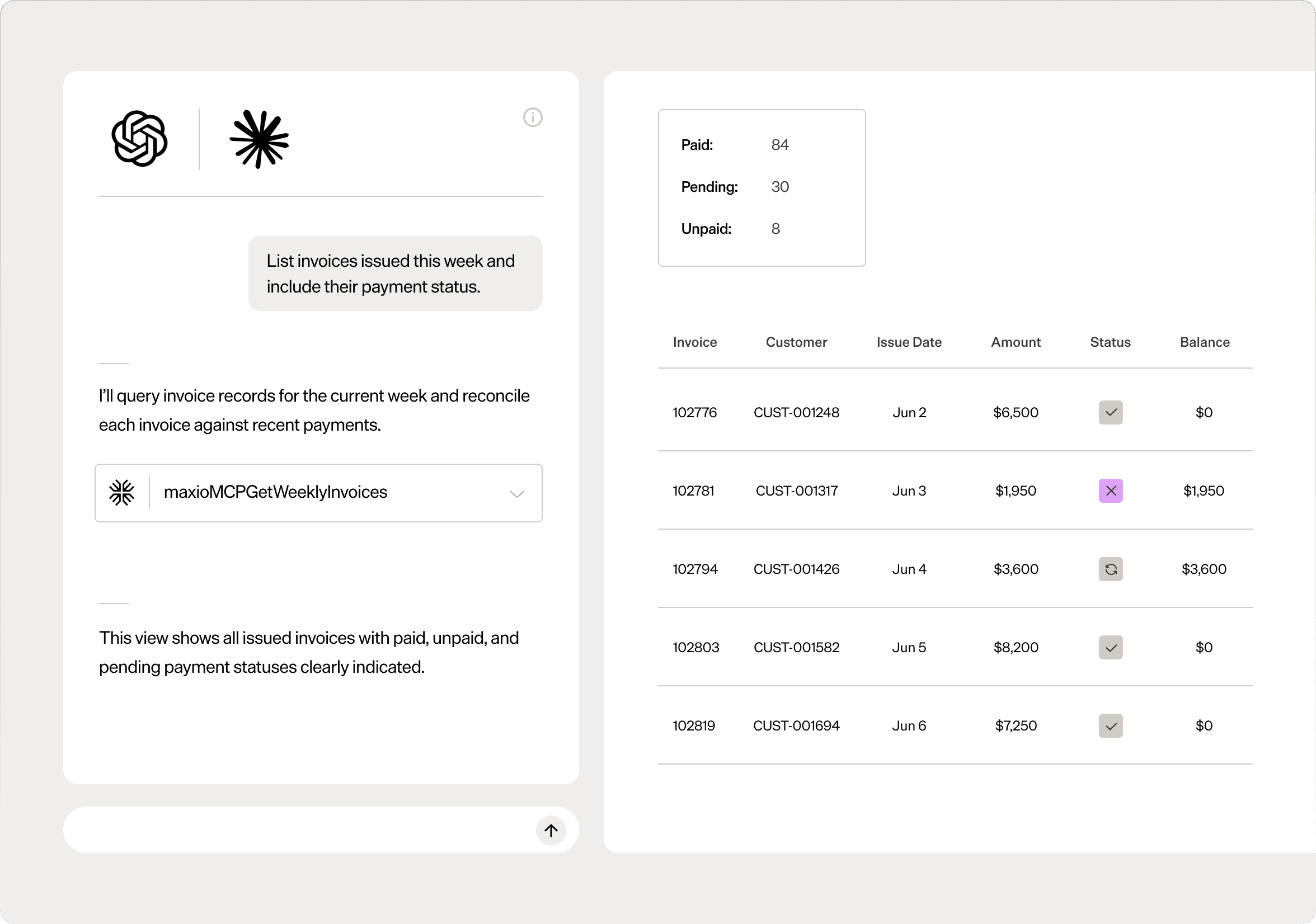 Maxio invoice management dashboard showing payment status and invoice details.