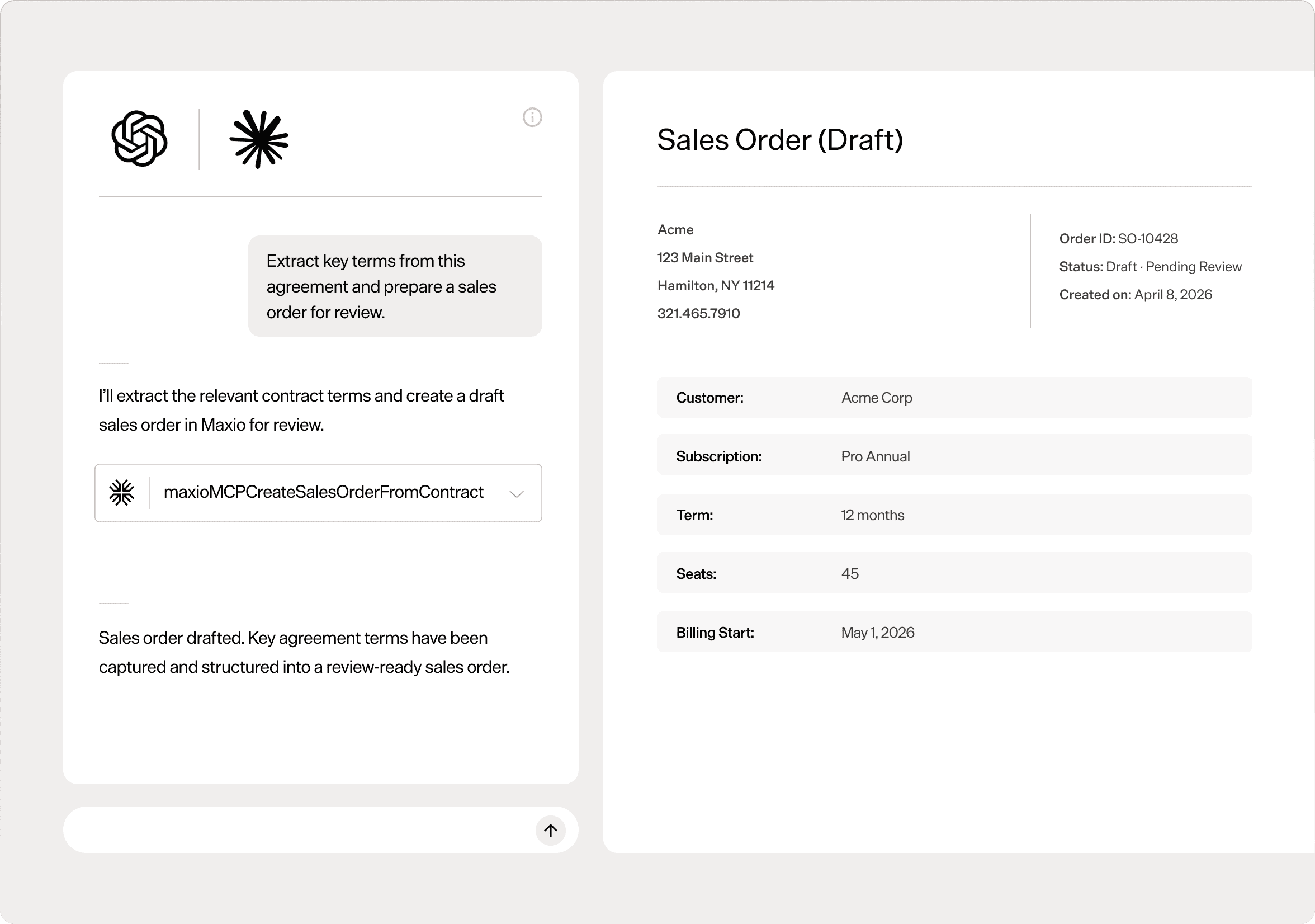 Screenshot of Maxio sales order draft interface with key details and agreement terms.