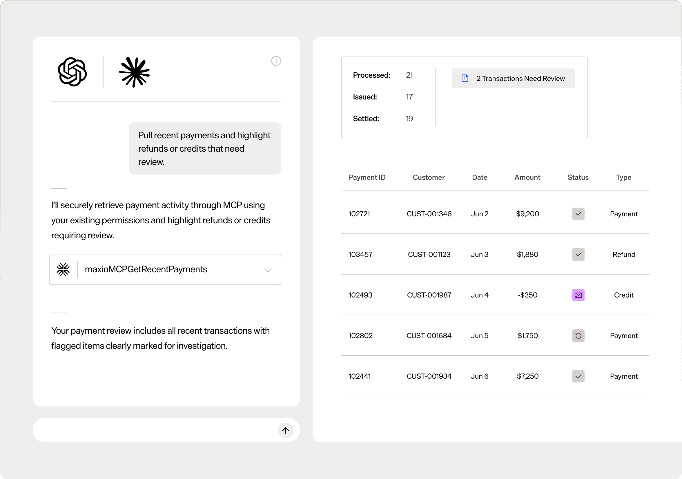 Maxio payment management dashboard showing recent transactions and refunds.