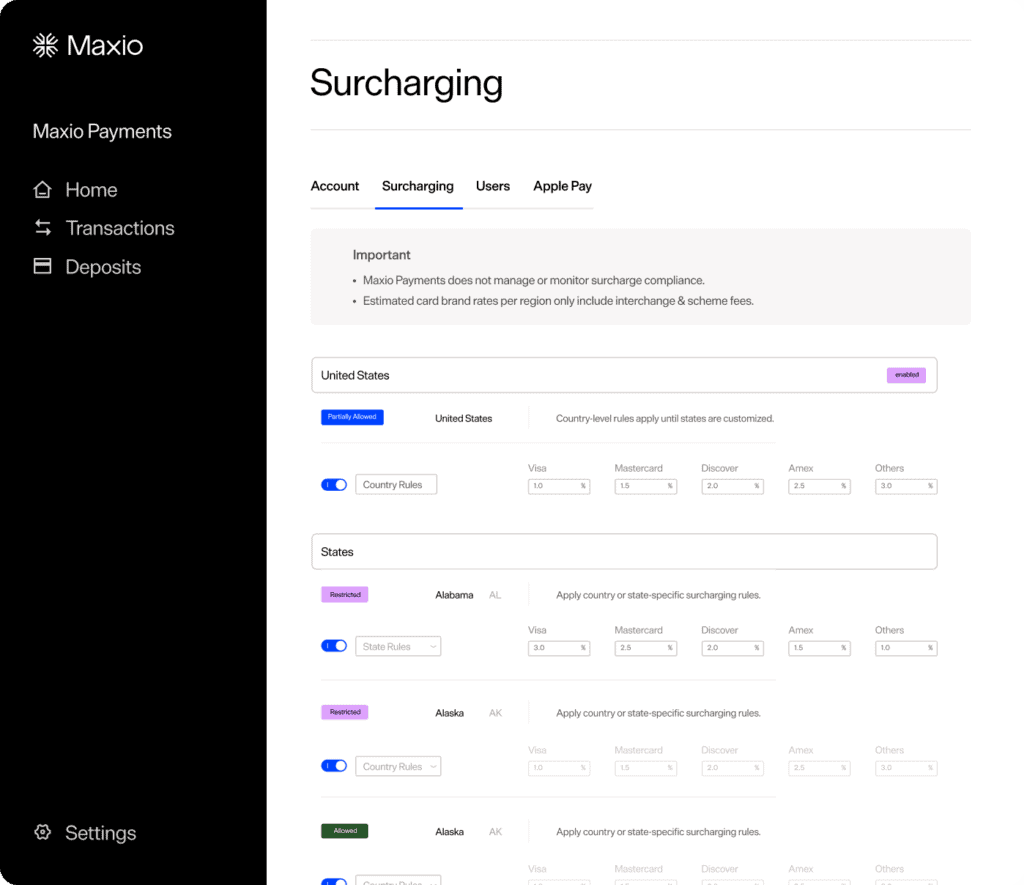 Screenshot of Maxio's surcharging management interface for SaaS and AI companies.