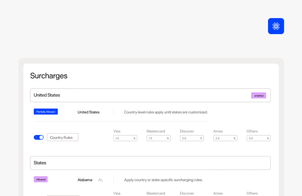 Screenshot of a surcharge management interface for credit card processing fees.
