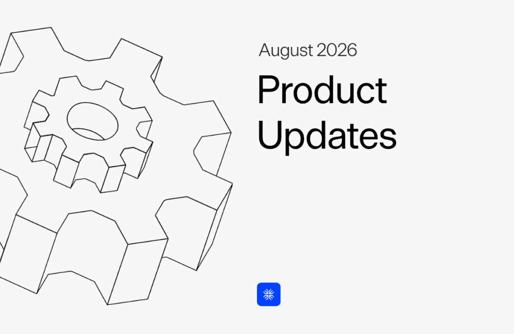 Maxio product updates graphic for August 2026 with gear illustration.