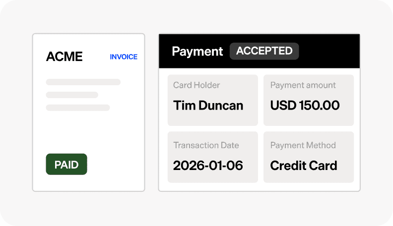 Online payment confirmation with invoice and credit card details.