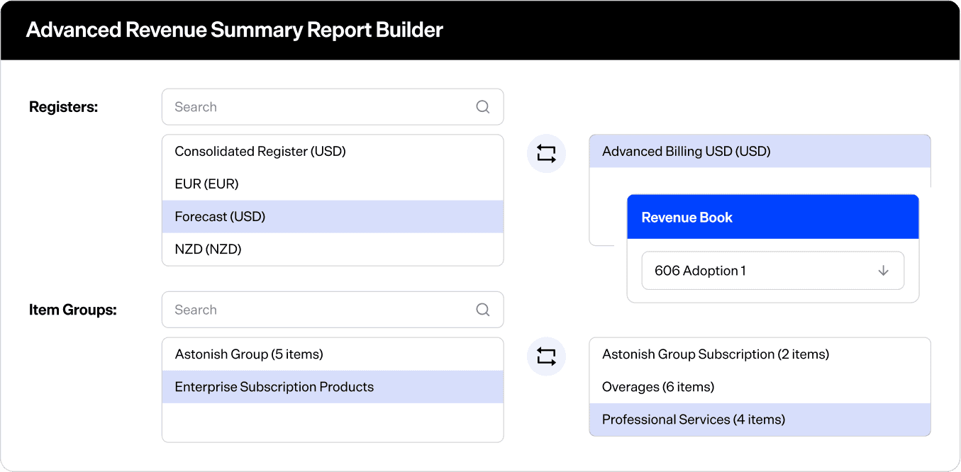 Advanced Revenue Summary Report Builder interface with subscription and revenue options.