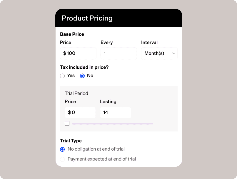 Product pricing settings interface showing base price, tax, trial period, and trial type options.