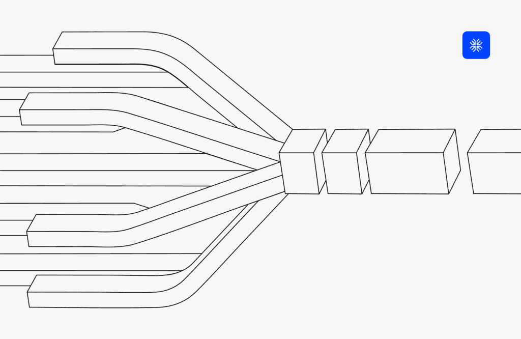Abstract illustration of interconnected lines and cubes representing data flow and technology.