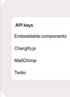 API key management interface showing API keys and embedded components.
