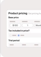 Product pricing interface for SaaS billing with base price and trial options.