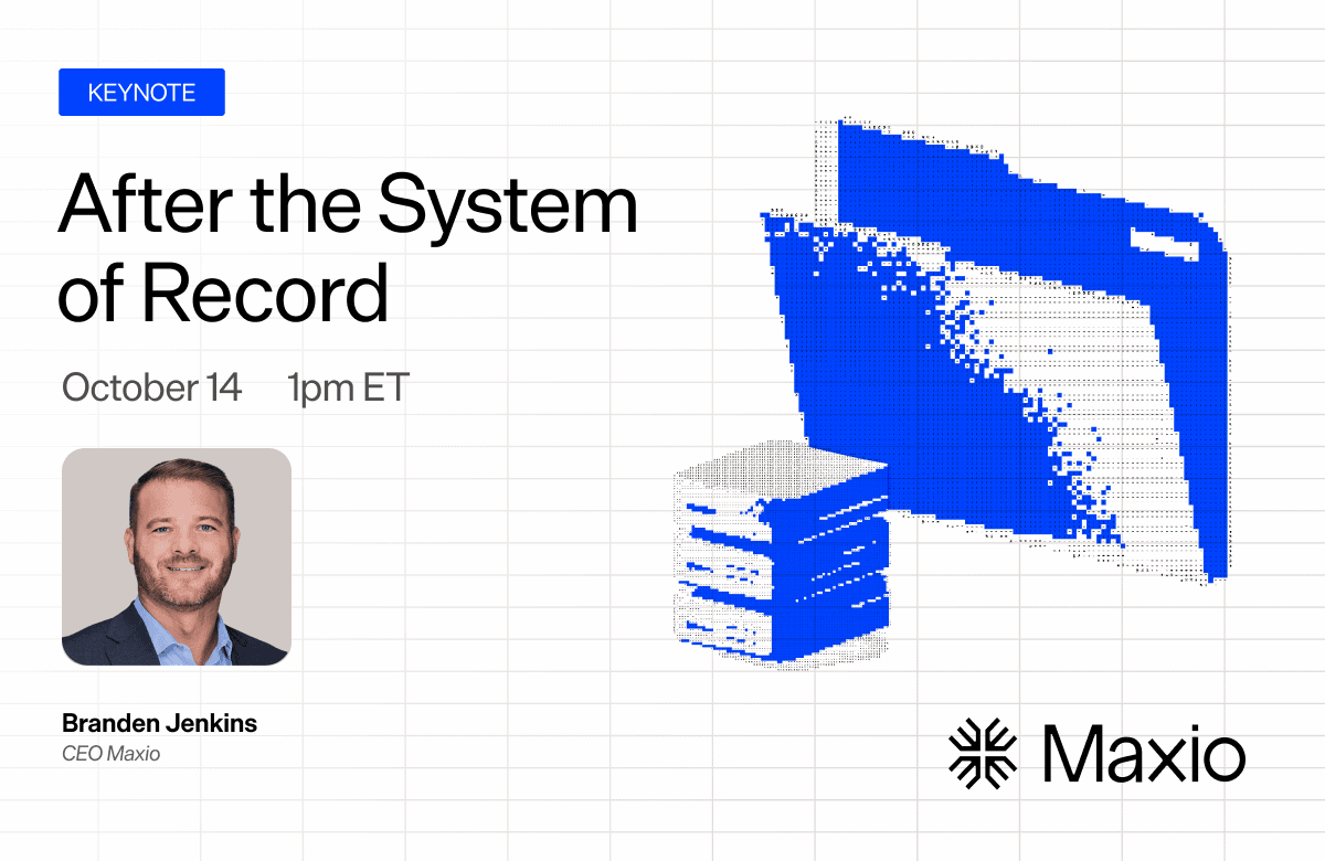 Maxio keynote slide with digital folder graphics and speaker Branden Jenkins.