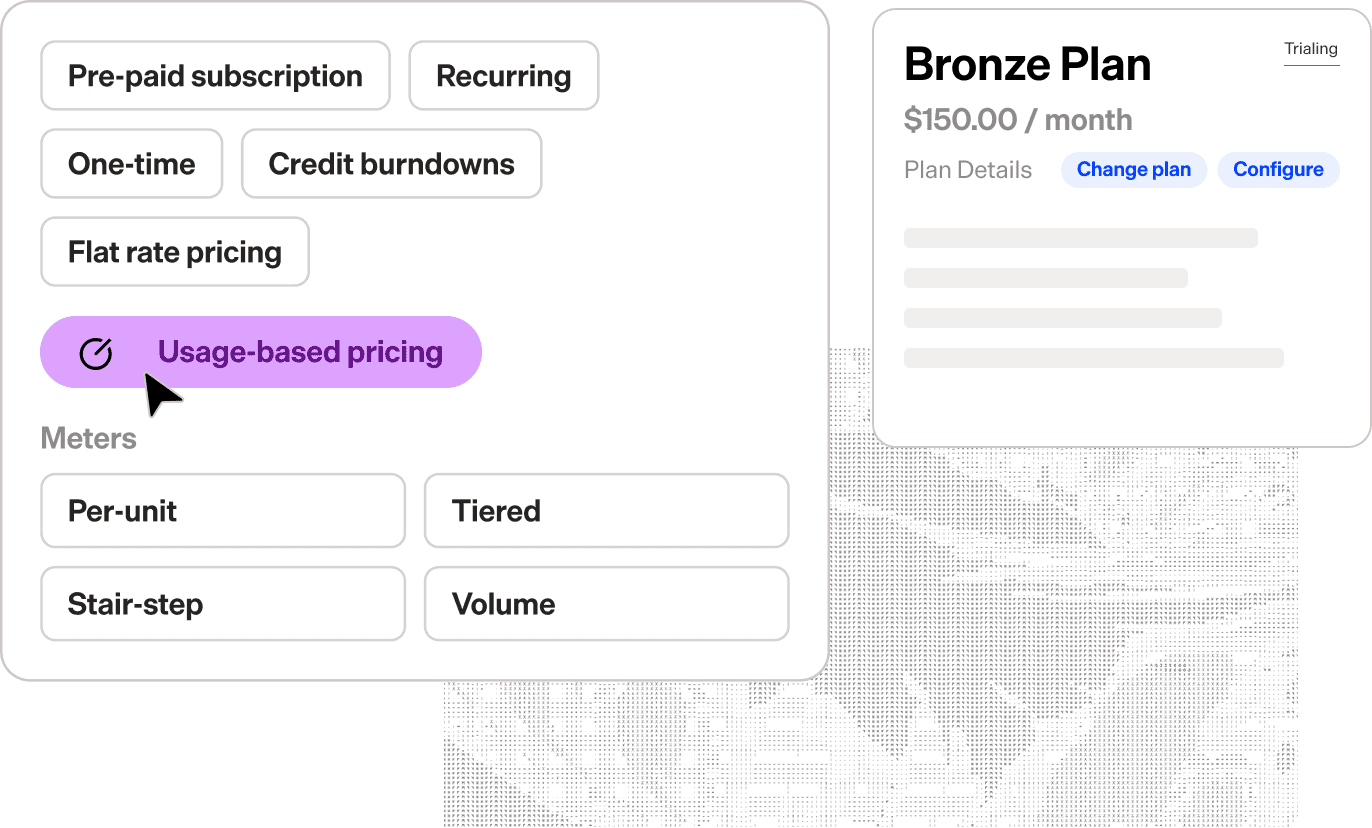 Subscription billing plan options with usage-based pricing highlighted.