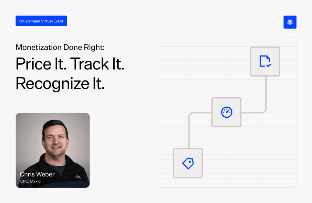Maxio branding with a flowchart illustrating monetization strategies and Chris Weber's photo.