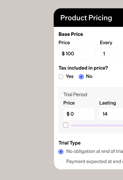Product pricing settings interface showing base price, tax, trial period, and trial type options.