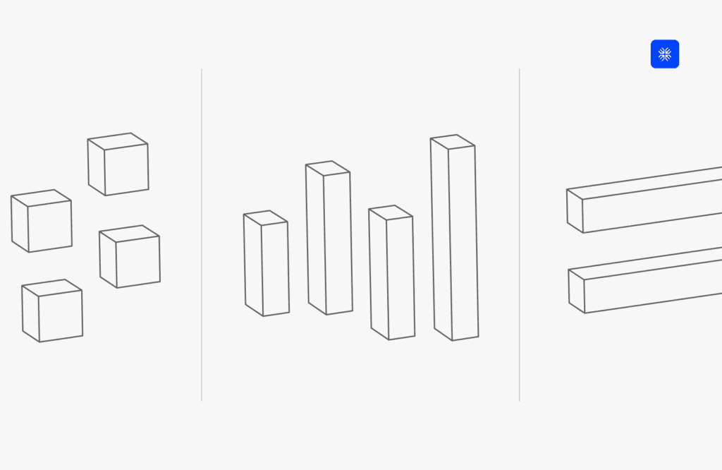 3D bar chart illustrating data growth and comparison trends.