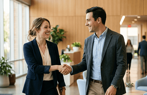 Business professionals shaking hands in a modern office setting.