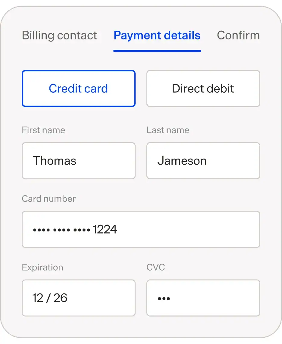 Screenshot of Maxio CPQ payment details form with credit card info.