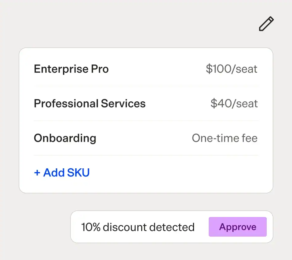 Maxio CPQ interface showing pricing options and discount approval button.
