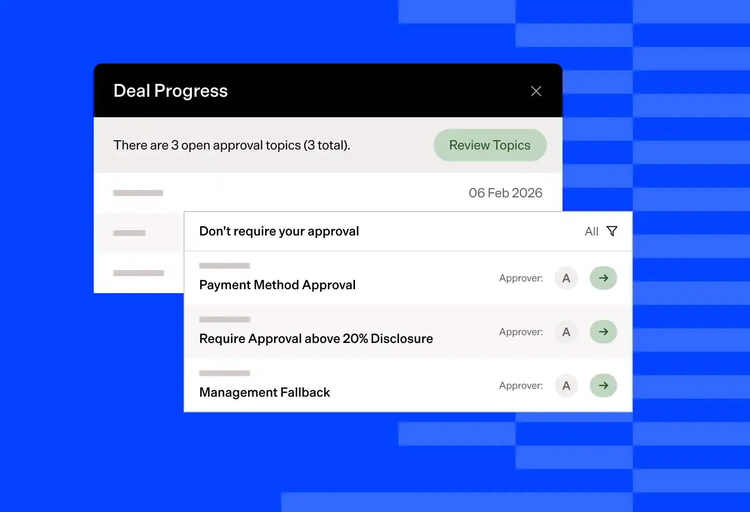 Maxio deal approval process interface showing approval topics and statuses.