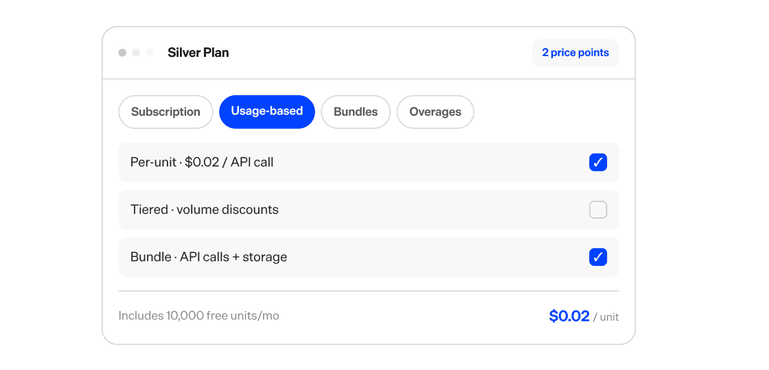 Usage-based billing settings for SaaS with tiered discounts and API calls.