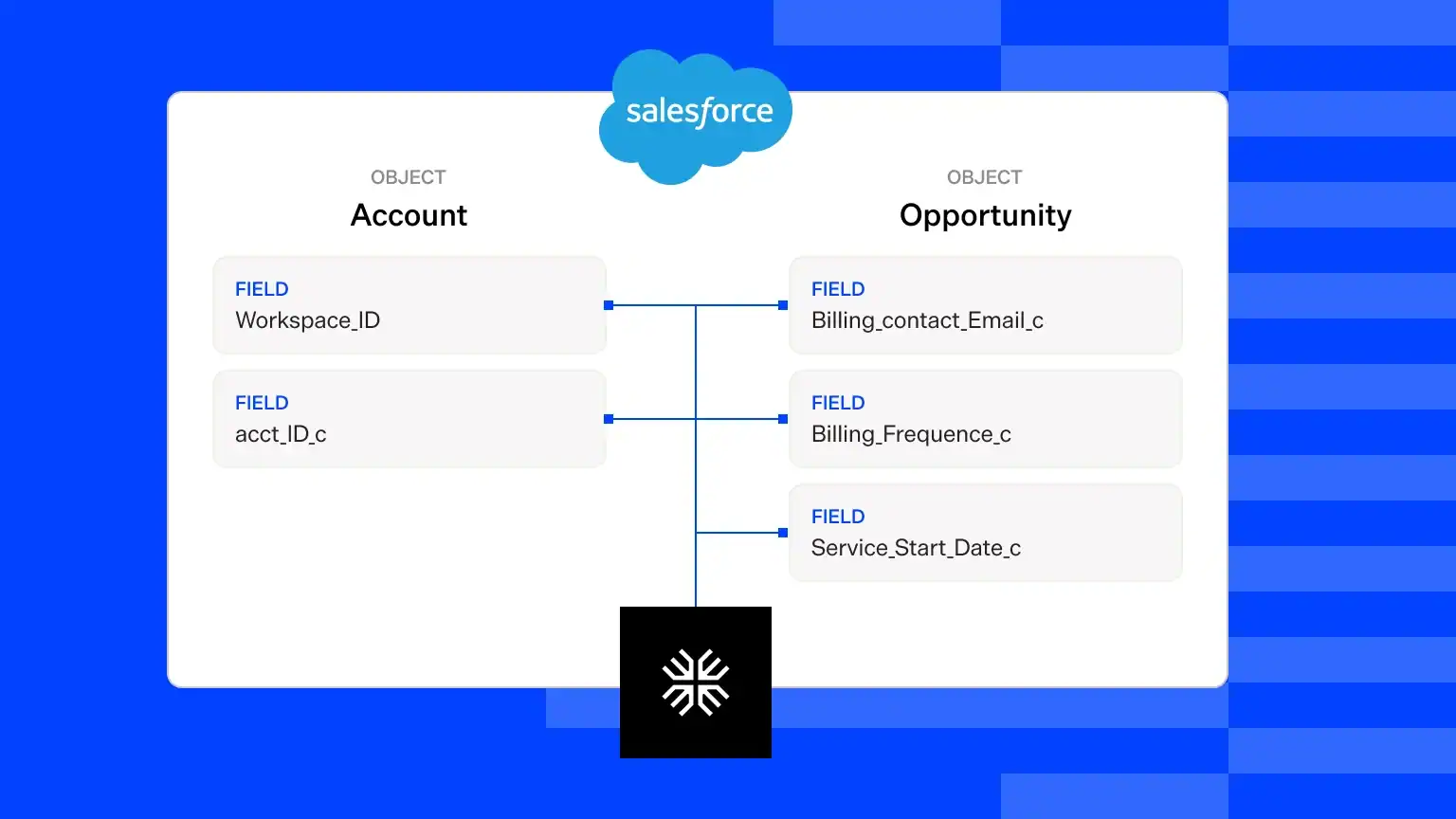 Salesforce CRM diagram showing Account and Opportunity objects with fields.