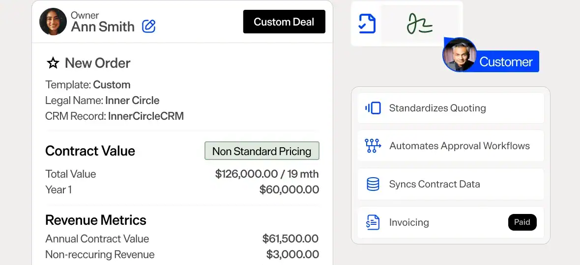Maxio CRM dashboard showing contract value and revenue metrics.