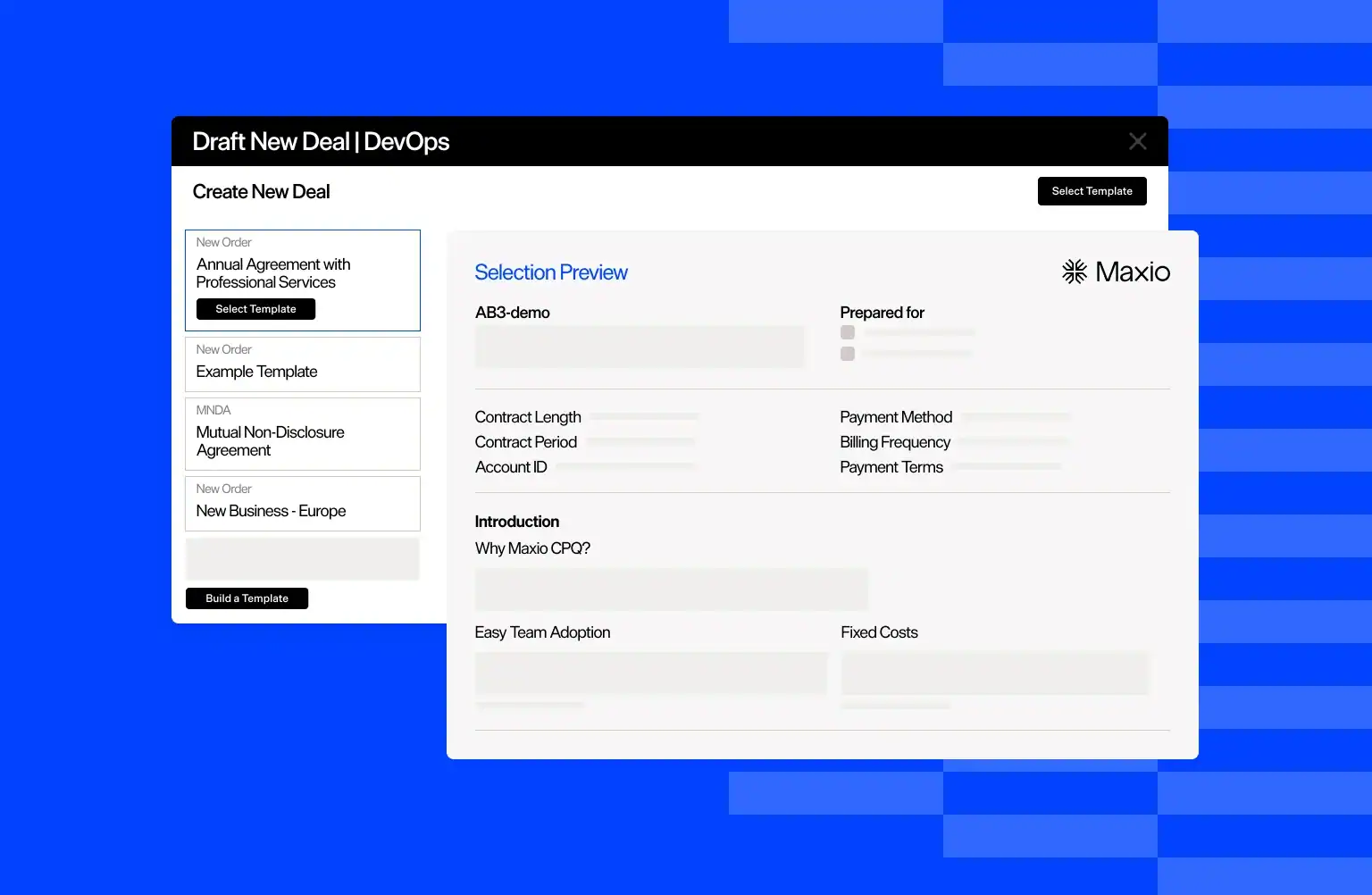 Screenshot of Maxio CPQ software interface for creating new deals and proposals.