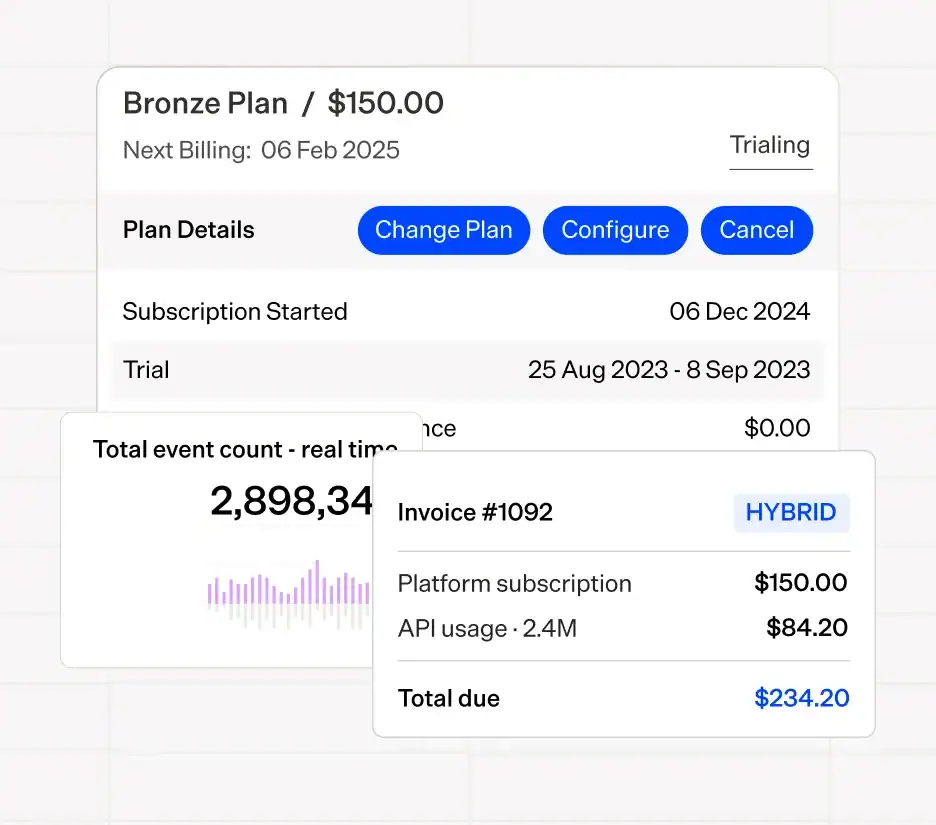 Maxio subscription plan details and real-time event count.