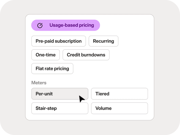 Usage-based billing options for SaaS with meters and pricing tiers.