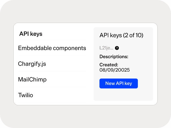 API key management interface showing API keys and embedded components.