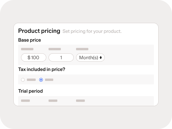 Product pricing interface for SaaS billing with base price and trial options.