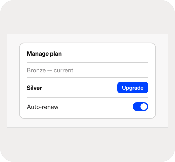 User managing subscription plan with upgrade and auto-renew options.