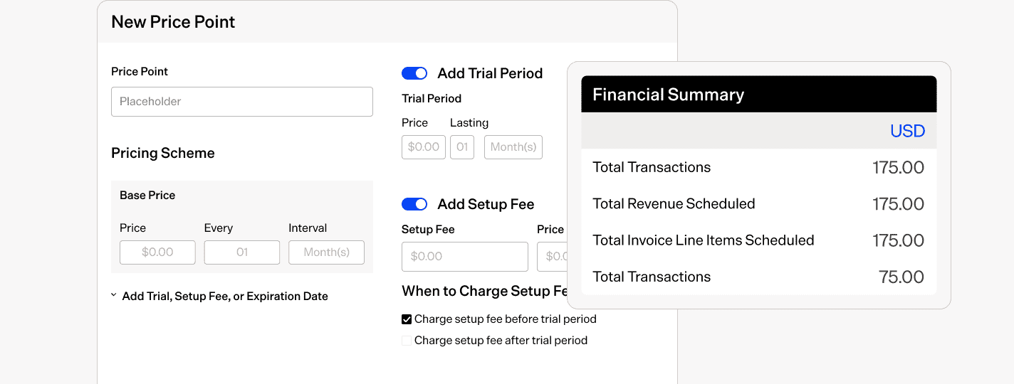 Screenshot of Maxio billing software with price setup and financial summary.