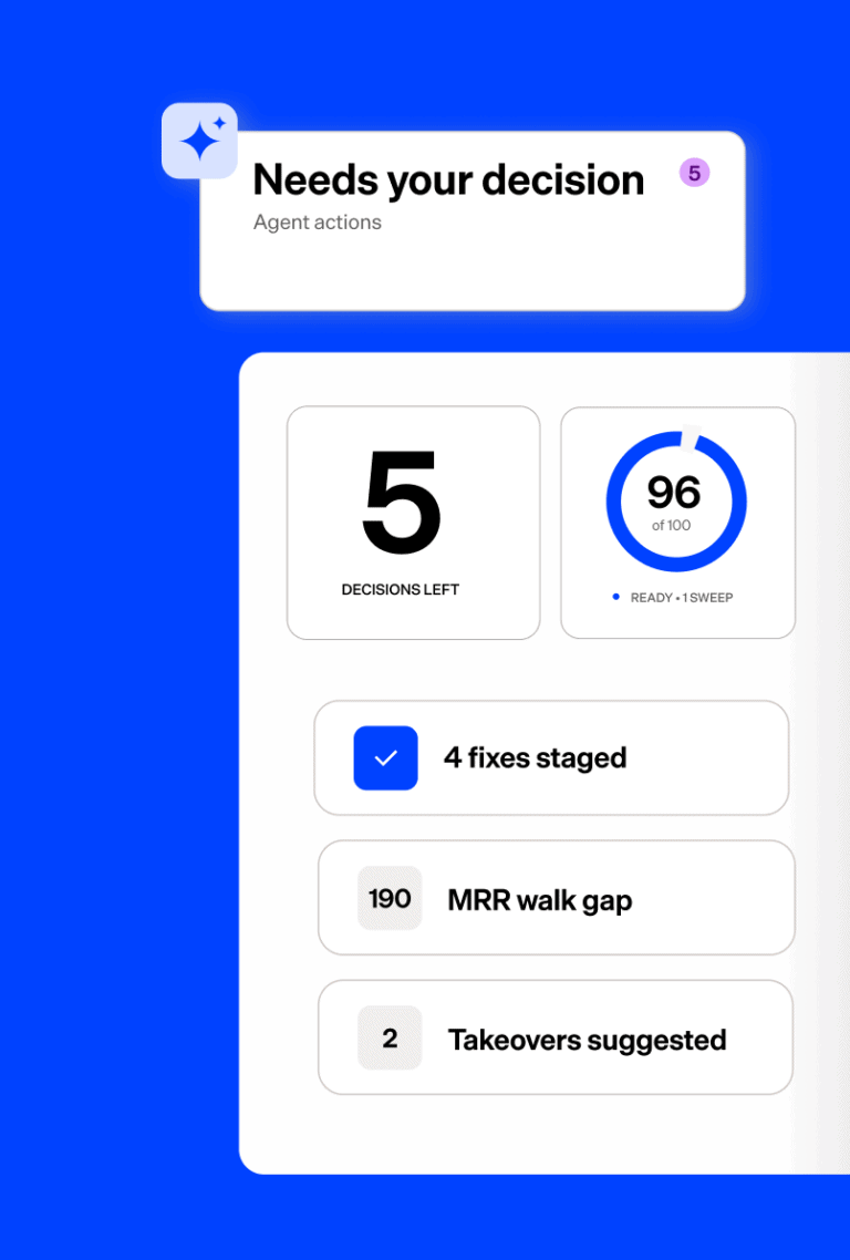Maxio dashboard showing decision metrics and agent actions for business analytics.
