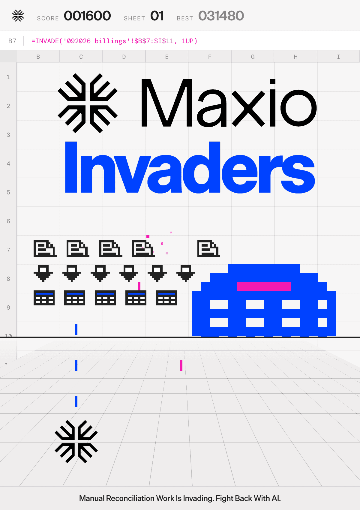 Maxio Invaders logo with pixel art style and space-themed design.