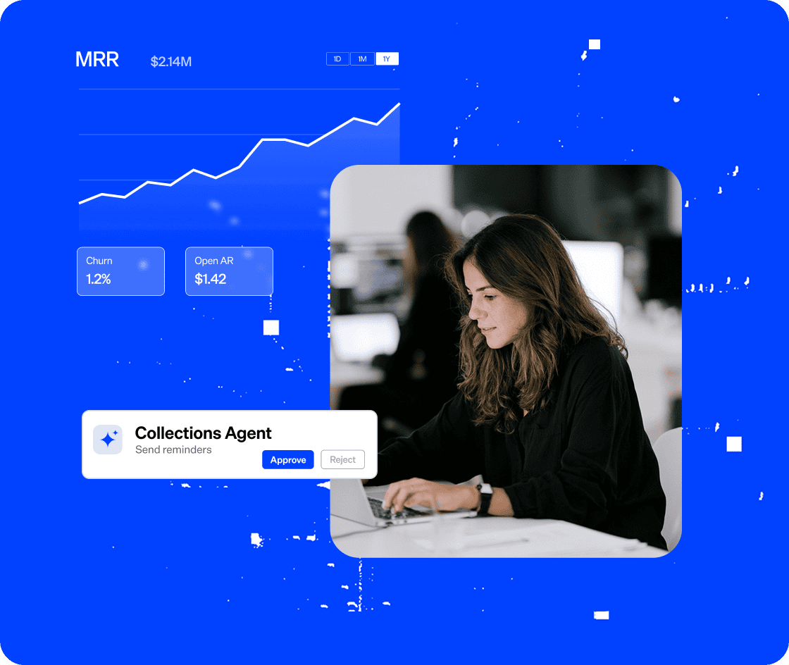 Businesswoman working on laptop with financial data and Maxio branding in background.