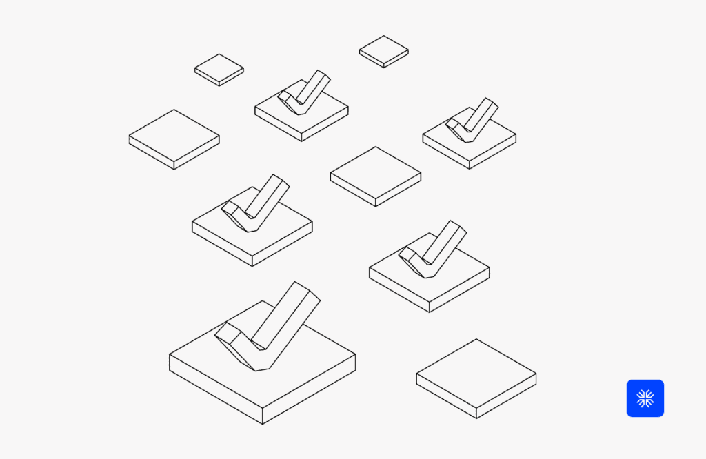 Isometric illustration of checkmarks on square platforms representing task completion.
