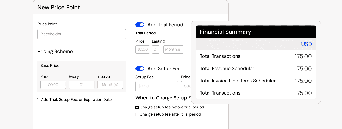 Maxio price point interface screenshot with pricing setup and financial summary.